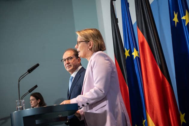 Federal Minister of the Interior Alexander Dobrindt (CSU) with Federal Minister of Justice Stefanie Hubig during a press conference at the Federal Chancellery on a 10-point plan for better protection against Islamist terrorism; press conference at the Federal Chancellery, Berlin, Germany; Federal Chancellery