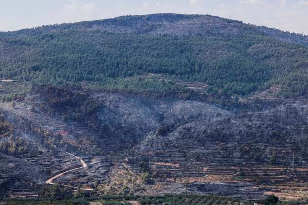 The Tuéjar fire has burned 880 hectares, and efforts are focused on preventing it from crossing the reservoir ahead of the storm. Area burned by the wildfire, as of September 16, 2026, in Tuéjar, Valencia, Valencian Community, Spain. The fire, which broke out on the afternoon of Tuesday, September 15, in the Valencian town of Tuéjar, has evolved favorably overnight, but it remains active, and efforts are now focused on preventing it from spreading west of the reservoir, with authorities monitoring the storm expected this afternoon and wind conditions, which may be erratic with gusts ranging from 50 to 80 kilometers per hour. SEPTEMBER 16, 2026 Tuéjar, Valencia, Valencian Community Tuéjar, Valencia, Valencian Community, Spain Copyright: xRoberxSolsonax 7778877