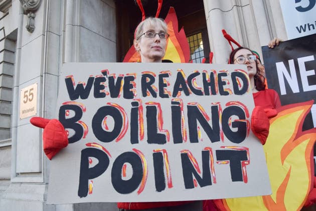 September 16, 2026, London, England, United Kingdom: Climate activists from the group Fossil Free London stage a protest outside the Department for Energy Security and Net Zero (DESNZ) in response to the UN report that we have passed the target of 1.5 degrees celsius. The protesters are calling on the government to stop the Jackdaw gas field and Rosebank oil field in the North Sea. London United Kingdom - ZUMAv130 20260916_zip_v130_028 Copyright: xVukxValcicx
