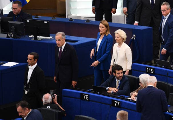 Mark Carney and Ursula von der Leyen at the European Parliament in Strasbourg STRASBOURG, FRANCE - SEPTEMBER 16: Canadian Prime Minister Mark Carney, European Parliament President Roberta Metsola and European Commission President Ursula von der Leyen walk through the hemicycle ahead of the State of the Union debate at the European Parliament in Strasbourg, France on September 16, 2026. European Commission President Ursula von der Leyen delivers her 2026 State of the Union address as Canadian Prime Minister Mark Carney attends the debate as guest of honor. Ahmet Sel Anadolu Strasbourg France. Editorial use only. Please get in touch for any other usage.  Copyright: x2026xAnadoluxAhmetxSelx