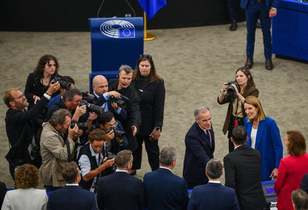 Mark Carney and Ursula von der Leyen at the European Parliament in Strasbourg STRASBOURG, FRANCE - SEPTEMBER 16: Canadian Prime Minister Mark Carney and European Parliament President Roberta Metsola arrive in the hemicycle surrounded by photographers at the European Parliament in Strasbourg, France on September 16, 2026. European Commission President Ursula von der Leyen delivers her 2026 State of the Union address as Canadian Prime Minister Mark Carney attends the debate as guest of honor. Ahmet Sel Anadolu Strasbourg France. Editorial use only. Please get in touch for any other usage.  Copyright: x2026xAnadoluxAhmetxSelx