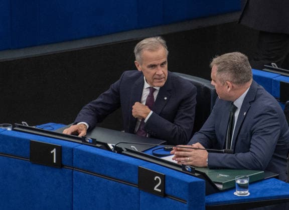 Mark Carney and Ursula von der Leyen at the European Parliament in Strasbourg STRASBOURG, FRANCE - SEPTEMBER 16: Canadian Prime Minister Mark Carney sits in the hemicycle during the State of the Union debate at the European Parliament in Strasbourg, France on September 16, 2026. European Commission President Ursula von der Leyen delivers her 2026 State of the Union address as Canadian Prime Minister Mark Carney attends the debate as guest of honor. Ahmet Sel Anadolu Strasbourg France. Editorial use only. Please get in touch for any other usage.  Copyright: x2026xAnadoluxAhmetxSelx