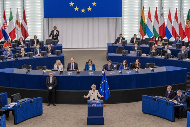Mark Carney and Ursula von der Leyen at the European Parliament in Strasbourg STRASBOURG, FRANCE - SEPTEMBER 16: European Commission President Ursula von der Leyen addresses members of the European Parliament during the 2026 State of the Union debate in Strasbourg, France on September 16, 2026. Her address sets out the European Commission s priorities for the coming year, including security, competitiveness, climate resilience and international partnerships. Ahmet Sel Anadolu Strasbourg France. Editorial use only. Please get in touch for any other usage.  Copyright: x2026xAnadoluxAhmetxSelx