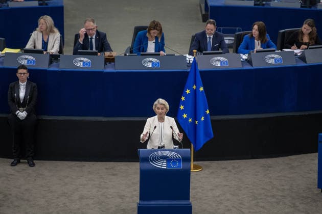 Mark Carney and Ursula von der Leyen at the European Parliament in Strasbourg STRASBOURG, FRANCE - SEPTEMBER 16: European Commission President Ursula von der Leyen speaks from the rostrum during her 2026 State of the Union address at the European Parliament in Strasbourg, France on September 16, 2026. During the address, she calls for deeper cooperation between the European Union and Canada. Ahmet Sel Anadolu Strasbourg France. Editorial use only. Please get in touch for any other usage.  Copyright: x2026xAnadoluxAhmetxSelx
