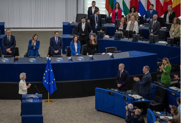 Mark Carney and Ursula von der Leyen at the European Parliament in Strasbourg STRASBOURG, FRANCE - SEPTEMBER 16: European Commission President Ursula von der Leyen speaks as Canadian Prime Minister Mark Carney attends the 2026 State of the Union debate in the hemicycle of the European Parliament in Strasbourg, France on September 16, 2026. Von der Leyen proposes closer European Union ties with Canada during her annual address. Ahmet Sel Anadolu Strasbourg France. Editorial use only. Please get in touch for any other usage.  Copyright: x2026xAnadoluxAhmetxSelx