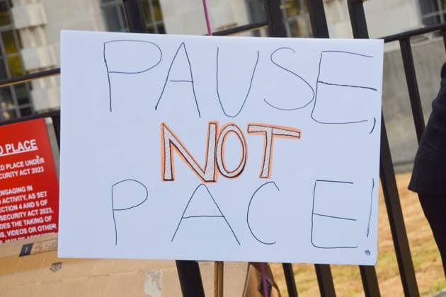 September 16, 2026, London, United Kingdom: A Pause not pace placard is seen during the demonstration by the group Pause AI outside Downing Street..The protesters are urging the government to pause the development of artificial intelligence amid warnings that it could lead to human extinction. London United Kingdom  - ZUMAs197 20260916_aaa_s197_054 Copyright: xVukxValcicx