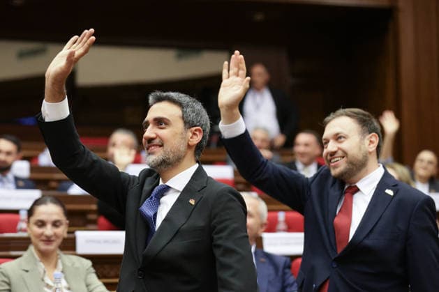 ARMENIA, YEREVAN - SEPTEMBER 16, 2026: Aram Vardevanyan (L), Vice Speaker of the National Assembly, and Tigran Abramyan, member of the Strong Armenia opposition party, attend the second session of the Armenian Parliament of the 9th convocation. Alexander Patrin TASS  97821737