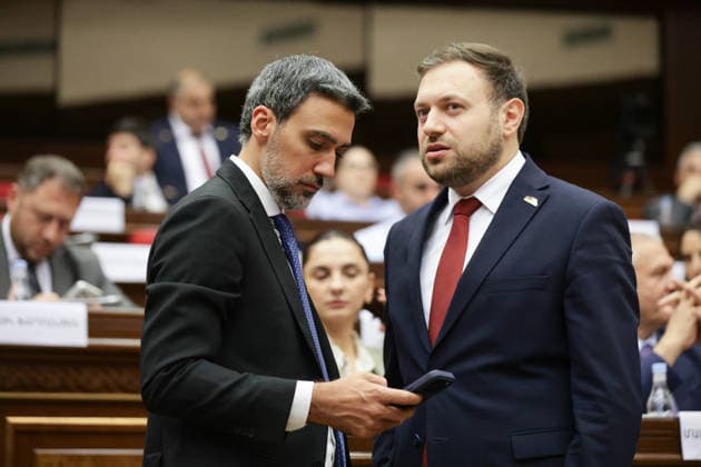 ARMENIA, YEREVAN - SEPTEMBER 16, 2026: Aram Vardevanyan (L), Vice Speaker of the National Assembly, and Tigran Abramyan, member of the Strong Armenia opposition party, attend the second session of the Armenian Parliament of the 9th convocation. Alexander Patrin TASS  97821785