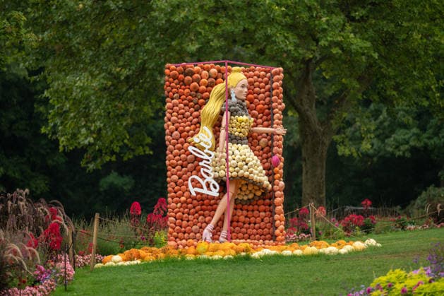 A sculpture of Barbie made from pumpkins is on display during the pumpkin exhibition at Blühendes Barock in Ludwigsburg, Ludwigsburg, Baden-Württemberg, Germany