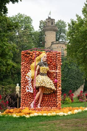 A sculpture of Barbie made from pumpkins is on display during the pumpkin exhibition at Blühendes Barock in Ludwigsburg, Ludwigsburg, Baden-Württemberg, Germany