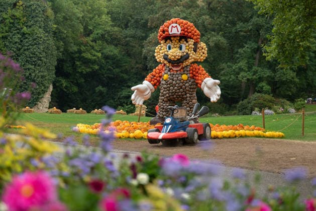 A sculpture of Mario made from pumpkins is on display during the pumpkin exhibition at Blühendes Barock in Ludwigsburg, Ludwigsburg, Baden-Württemberg, Germany