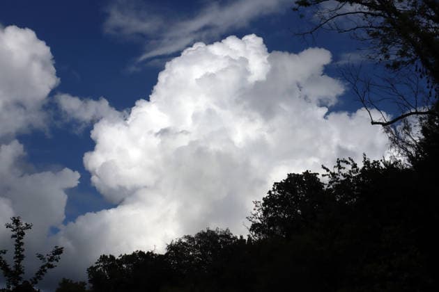 Formation of Large Cumulus Clouds: Massive cloud formations of the vertical cloud type appear in the sky in late summer, bringing scattered rain and, in some cases, thunderstorms. Essen, North Rhine-Westphalia, Germany