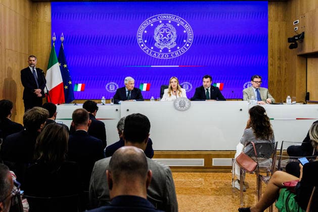 September 16, 2026, Rome, Italia, Italy: Prime Minister Giorgia Meloni, Minister of Foreign Affairs and International Cooperation Antonio Tajani, Minister of Infrastructure and Transport Matteo Salvini, and Minister of Economy and Finance Giancarlo Giorgetti during the press conference following the Council of Ministers meeting on the abolition of the car tax, Rome, 16 09 2026 Rome Italy  - ZUMAa289 20260916_zia_a289_030 Copyright: xFrancescoxFotiax xAgfx