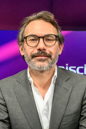 Pictured, from left: Rene Pfister, *Der Spiegel*, GER, Berlin, studio, guest on *Maischberger*, political talk show, TV, program, with host Sandra Maischberger, *Das Erste*, from Adlershof, Studio 20, September 16, 2026, Copyright: HMBxMedia UwexKoch