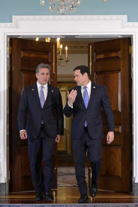 U.S. Secretary of State Marco Rubio (R) and Costa Rican Foreign Minister Manuel Tovar speak during a meeting in the Treaty Room at the State Department in Washington, D.C., USA 16 September 2026. Foreign Minister Tovar, who is touring the United States this week, met with Rubio in Washington to strengthen relations between the two countries and address various topics of mutual interest regarding joint cooperation between Costa Rica and the United States. Costa Rica strengthens security and migration ties with the U.S. during meeting with Rubio !ACHTUNG: NUR REDAKTIONELLE NUTZUNG!  Copyright: xLENINxNOLLYx AME7941 20260916-55021420725_1