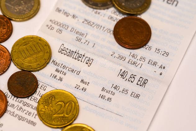 Receipt for 140.85 euros worth of diesel, HOCKENHEIM, Germany, September 16, 2026: Gas station receipt for 58.71 liters of diesel at 2.399 euros per liter, for a total of 140.85 euros, paid by credit card; stock image illustrating gas prices and fuel costs
