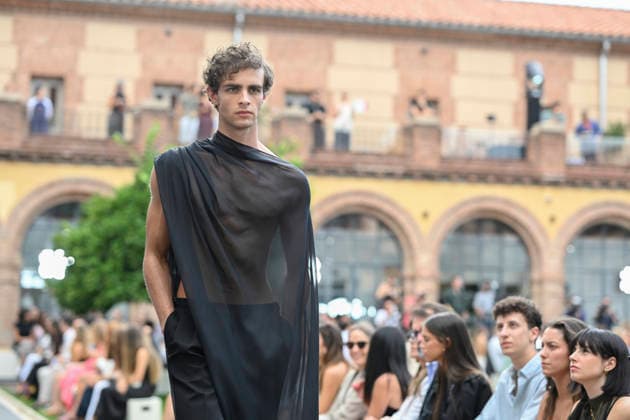 September 16, 2026, Madrid, Spain: A model parades with Baro Lucas design during the Mercedes Benz Fashion Week Madrid at Cibeles Palace in Madrid. Madrid Spain  - ZUMAs197 20260916_aaa_s197_261 Copyright: xAtilanoxGarciax
