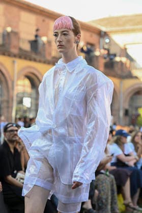 September 16, 2026, Madrid, Spain: A model parades with Acromatyx design during the Mercedes Benz Fashion Week Madrid at Cibeles Palace in Madrid. Madrid Spain  - ZUMAs197 20260916_aaa_s197_298 Copyright: xAtilanoxGarciax
