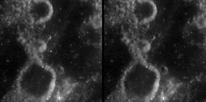 A zoomed-in view of McGetchin crater, circled on the left, next to a before image on the right. The panel on the left is made from images captured by NASA s Lunar Reconnaissance Orbiter Wide-Angle Camera in summer 2025; the right panel was made from images taken in spring 2011. The white spot is not the crater itself, but rather material flung out of the crater, which formed when a rock, possibly this size of a three- to six?story building, crashed into the Moon between April 11 and May 22, 2024 – a once-in-a-century event, as scientists reported on Sept. 15, 2026, in a pair of papers in Science Advances. The area shown in the images is 38 miles wide. Officially named McGetchin after pioneering lunar scientist Tom McGetchin, the crater fo  WAX2026091603 NASA