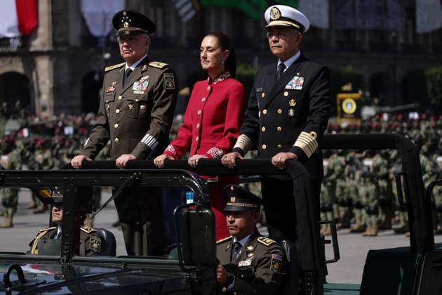September 16, 2026, Mexico City, Mexico: Mexican President CLAUDIA SHEINBAUM PARDO led the Civic-Military Parade marking the 216th anniversary of the beginning of Mexicos Independence, which started at the Zocalo and traveled along Paseo de la Reforma to Campo Marte in Mexico City. The Armed Forces displayed military equipment and technology, including tactical drones and the Xolotl robot, designed to handle situations involving explosive devices. She was accompanied by Defense Secretary GENERAL RICARDO TREVILLA TREJO and Navy Secretary Admiral RAYMUNDO PEDRO MORALES ANGELES. Mexico City Mexico  - ZUMAl178 20260916_znp_l178_074 Copyright: xCristianxLeyvax