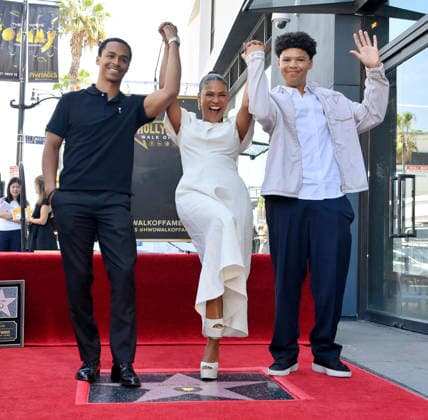Actress Nia Long is joined by her sons Massai Zhivago Dorsey II (L) and Kez Sunday Udoka during an unveiling ceremony honoring her with the 2,857th star on the Hollywood Walk of Fame in Los Angeles on Wednesday, September 16, 2026.  LAP2026091605 JIMxRUYMEN