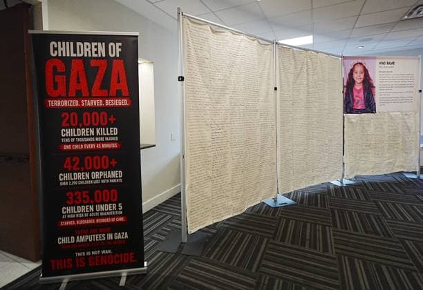 Giant shroud with names of 20,000 Palestinian children displayed in New York NEW YORK, UNITED STATES - SEPTEMBER 16: People attend the commemoration event where a giant shroud, approximately 110 meters long and bearing handwritten names of more than 20,000 children, is displayed at United Nation (UN) Church Center in New York, United States on September 16, 2026. Selcuk Acar Anadolu New York United States. Editorial use only. Please get in touch for any other usage.  Copyright: x2026xAnadoluxSelcukxAcarx