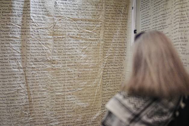 Giant shroud with names of 20,000 Palestinian children displayed in New York NEW YORK, UNITED STATES - SEPTEMBER 16: People attend the commemoration event where a giant shroud, approximately 110 meters long and bearing handwritten names of more than 20,000 children, is displayed at United Nation (UN) Church Center in New York, United States on September 16, 2026. Selcuk Acar Anadolu New York United States. Editorial use only. Please get in touch for any other usage.  Copyright: x2026xAnadoluxSelcukxAcarx