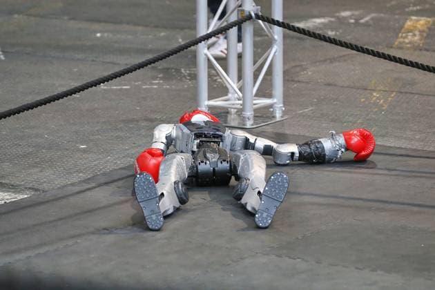 Berlin, Germany, September 16, 2026: At the BIG BANG KI Festival, an AI robot lies on the ground during a boxing match to entertain the visitors. Copyright: xdtsxNachrichtenagenturx dts_134944
