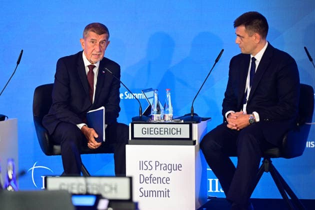 From left, Czech Prime Minister Andrej Babis (ANO) and Director-General and Chief Executive of the International Institute for Strategic Studies (IISS) Bastian Giegerich at the IISS Prague Defence Summit 2026, in Prague, Czech Republic, on September 17, 2026. (CTKxPhoto RomanxVondrous) CTKPhotoP2026091702475  CTKPhotoP2026091702475