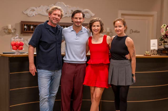 September 16, 2026, ARD telenovela *STURM DER LIEBE* (Storm of Love), photo shoot for Season 23 on the film set in Munich, at Bavaria Film in Geiselgasteig, in the studio set of the fictional Hotel Fürstenhof; from left: Producer Peter Proske Clayton, actor Jaime Ferki