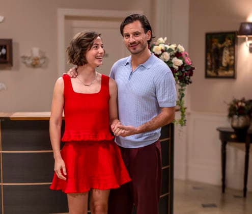 September 16, 2026, ARD telenovela *STURM DER LIEBE* (Storm of Love), photo shoot for Season 23 on the film set in Munich, at Bavaria Film in Geiselgasteig, in the studio set of the fictional Hotel Fürstenhof. The new season premieres on November 4, 2026. From left: Actress Pippa Fee
