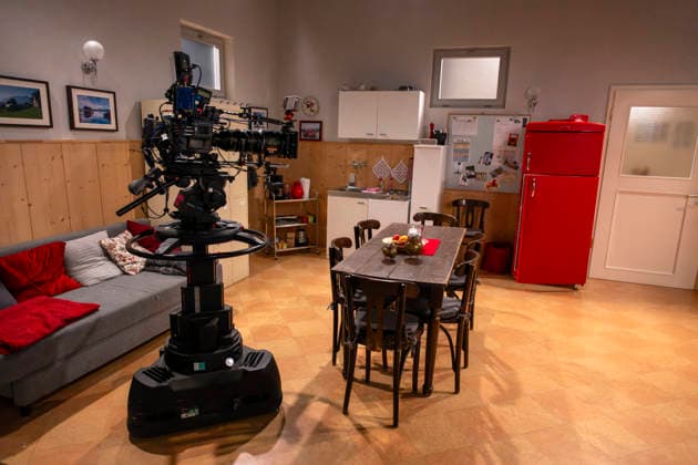 September 16, 2026, ARD telenovela *Sturm der Liebe*, photo shoot for Season 23 on the film set in Munich, at Bavaria Film in Geiselgasteig, in the studio set of the fictional Hotel Fürstenhof; TV cameras in Studio 16, September 2026, ARD series *Sturm der Liebe*, September 16, 2026, ARD series *Sturm der Liebe*