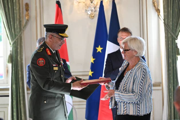 Macron And Abdullah Ii Attend Agreement Signing Ceremony At Hotel Des Invalides - Paris Major General Majdi Mohammad Hammad al-Harasis and France’s defence minister Catherine Vautrin attend a ceremony marking the signing of an agreement at the Hôtel des Invalides in Paris, France on September 17, 2026, focusing on strengthening Lebanon’s sovereignty and security and supporting the Lebanese Armed Forces. Photo by Jeanne Accorsini Pool ABACAPRESS.COM Paris France  Copyright: xAccorsinixJeanne Pool ABACAx