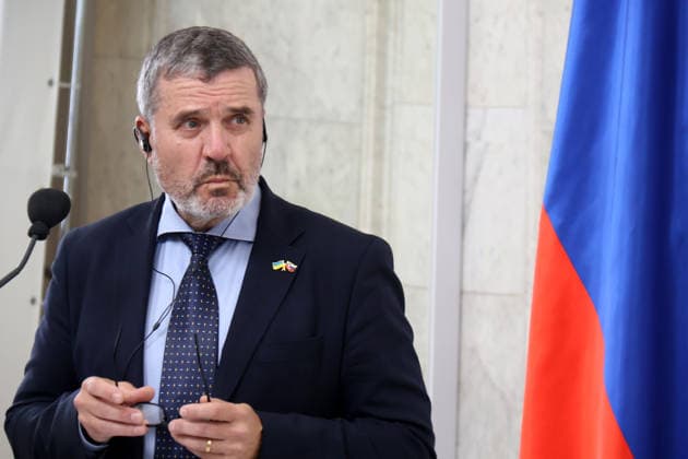 Slovenian Minister of Foreign and European Affairs Tone Kajzer attends a joint news conference with Ukrainian Minister of Foreign Affairs Andrii Sybiha after their meeting at the Ukrainian Foreign Ministry building, Kyiv, Ukraine, September 17, 2026. During the briefing, the Foreign Ministers announced that Ljubljana would allocate USD 50 million for Ukraine’s defence needs and that work had begun on a joint Drone Deal. They also held detailed discussions on Ukraine’s future European Union membership, coordination of actions in the face of ongoing Russian attacks, and the strengthening of security across the European region. (Photo by Pavlo Bahmut Ukrinform) Foreign Ministers of Ukraine and Slovenia hold joint news conference in Kyiv  Copyright: xPavloxBahmutx