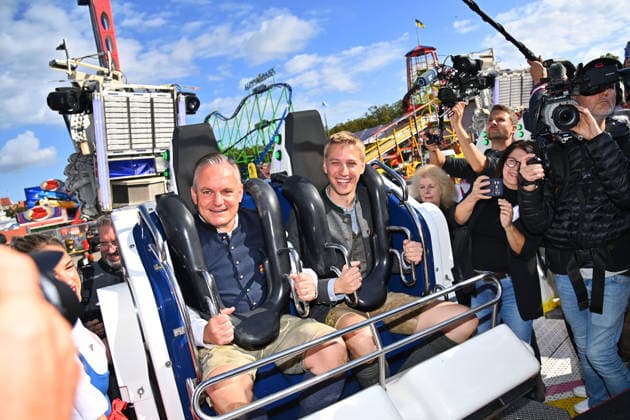 Mayor Dominik KRAUSE and Oktoberfest Director Christian SCHARPF at the Shaking Roll ride; rides, showmen, and rides—press tour ahead of the 191st Oktoberfest in 2026 on September 17, 2026