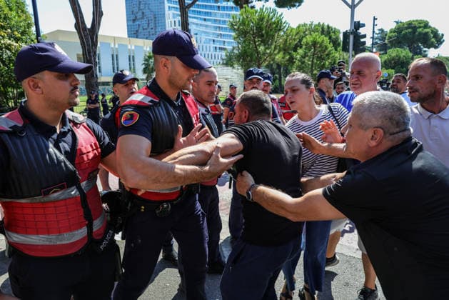Protest in front of the Albanian Parliament in Tirana, Albania Protesters face police officers during a demonstration near the Albanian Parliament in Tirana, Albania, against the government following months of protests against a planned luxury tourism complex project in the protected area of Narta Lagoon in the city of Vlore, backed by a company linked to US President Donald Trump son-in-law, Jared Kushner, and his wife, Ivanka Trump here In Tirana, Albania, on September 17, 2026. Tirana Albania  Copyright: xMatrixxImages ArmandoxBabanix