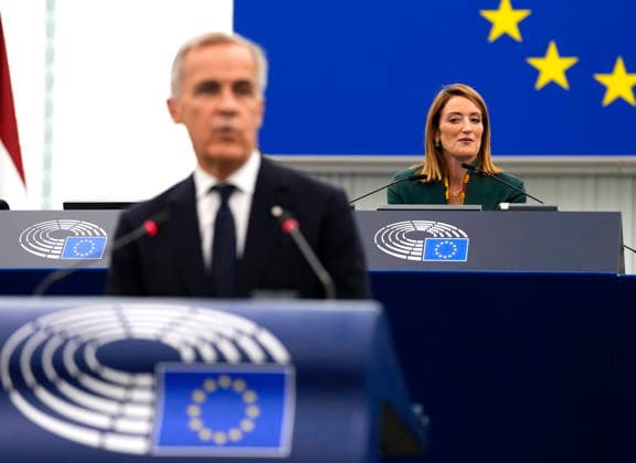 September 17, 2026, Strasbourg, France: President of the European Parliament Roberta Metsola listens as Prime Minister Mark Carney addresses the European Parliament in Strasbourg, France, on Thursday, Sept. 17, 2026. Strasbourg France  - ZUMAc35_ 20260917_zaf_c35_014 Copyright: xJustinxTangx