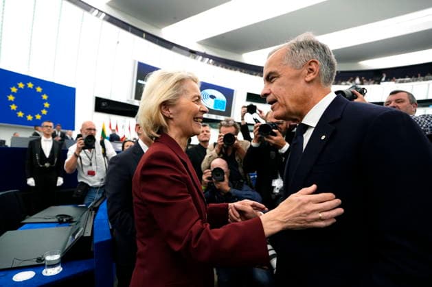 September 17, 2026, Strasbourg, France: Prime Minister Mark Carney is greeted by European Commission President Ursula von der Leyen as he arrives to addresses the European Parliament in Strasbourg, France, on Thursday, Sept. 17, 2026. Strasbourg France  - ZUMAc35_ 20260917_zaf_c35_017 Copyright: xJustinxTangx