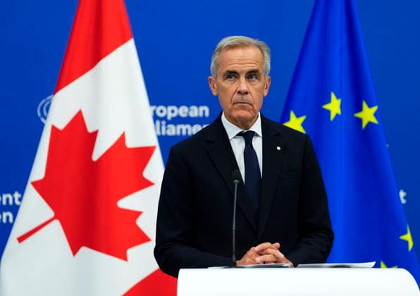 September 17, 2026, Strasbourg, France: Prime Minister Mark Carney participates in a joint news conference with President of the European Parliament Roberta Metsola, not shown, at the European Parliament in Strasbourg, France, on Thursday, Sept. 17, 2026. Strasbourg France  - ZUMAc35_ 20260917_zaf_c35_029 Copyright: xJustinxTangx