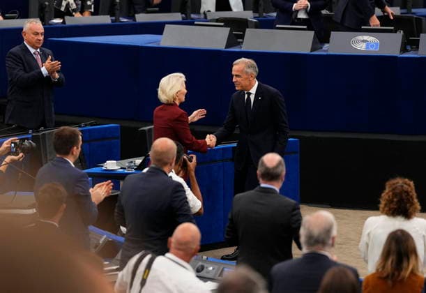 September 17, 2026, Strasbourg, France: Prime Minister Mark Carney shakes hands with European Commission President Ursula von der Leyen after his address to the European Parliament in Strasbourg, France, on Thursday, Sept. 17, 2026. Strasbourg France  - ZUMAc35_ 20260917_zaf_c35_036 Copyright: xJustinxTangx