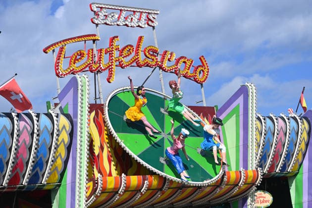 Figures of women, dolls on the Devil s Wheel ride, carnival performers, rides—press tour ahead of the 191st Oktoberfest 2026 on September 17, 2026
