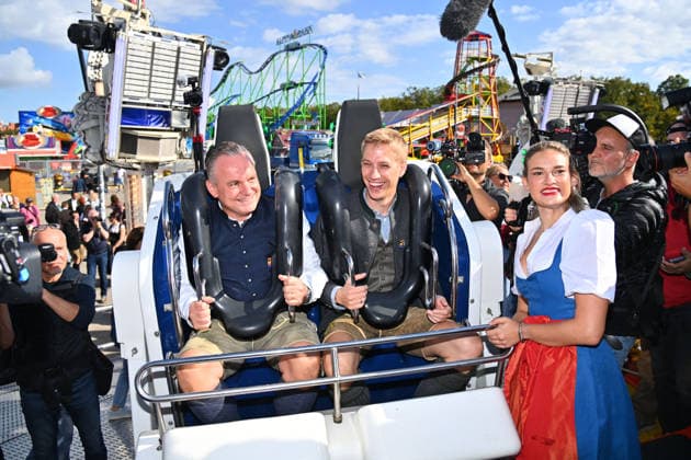 Mayor Dominik KRAUSE and Oktoberfest Director Christian SCHARPF at the Shaking Roll ride; Amusement Rides, Showmen, Rides; Press Tour ahead of the 191st Oktoberfest in 2026 on September 17, 2026