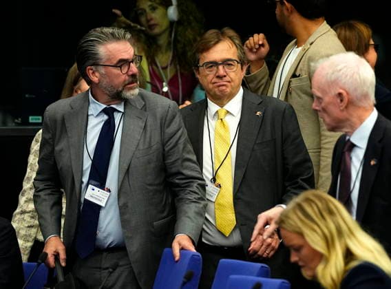 September 17, 2026, Strasbourg, France: John Hannaford, Personal Representative of the Prime Minister to the European Union, left to right, and Jonathan Wilkinson, Canada s Ambassador-designate to the EU, arrive for a joint news conference with Prime Minister Mark Carney and President of the European Parliament Roberta Metsola, not shwon, at the European Parliament in Strasbourg, France, on Thursday, Sept. 17, 2026. Strasbourg France  - ZUMAc35_ 20260917_zaf_c35_038 Copyright: xJustinxTangx