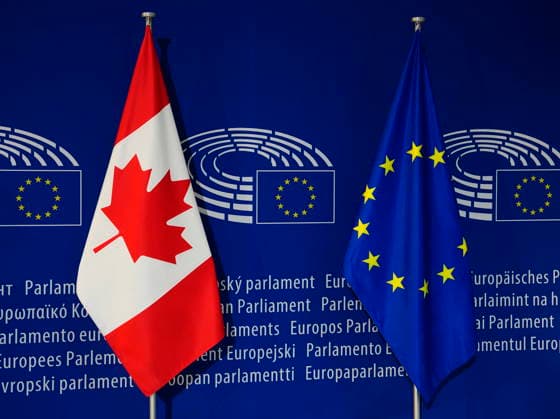 September 17, 2026, Strasbourg, France: The flags of Canada and the European Union are shown before Prime Minister Mark Carney s address to the European Parliament in Strasbourg, France, on Thursday, Sept. 17, 2026. Strasbourg France  - ZUMAc35_ 20260917_zaf_c35_042 Copyright: xJustinxTangx