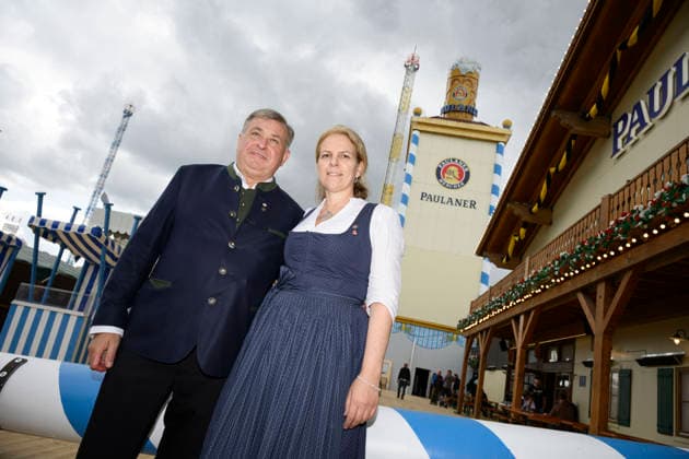 From left: Lorenz and Christine Stiftl, the married couple who run the Paulaner Festzelt. Official press tour at the Oktoberfest (Wiesn), Munich, September 17, 2026