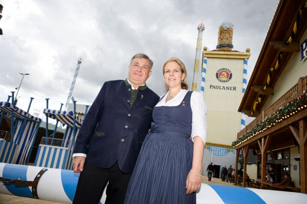 From left: Lorenz and Christine Stiftl, the married couple who run the Paulaner Festzelt. Official press tour at the Oktoberfest (Wiesn), Munich, September 17, 2026