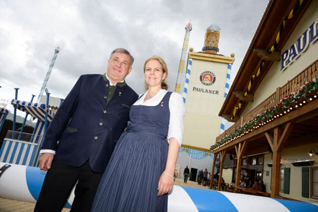 From left: Lorenz and Christine Stiftl, the married couple who run the Paulaner Festzelt. Official press tour at the Oktoberfest (Wiesn), Munich, September 17, 2026