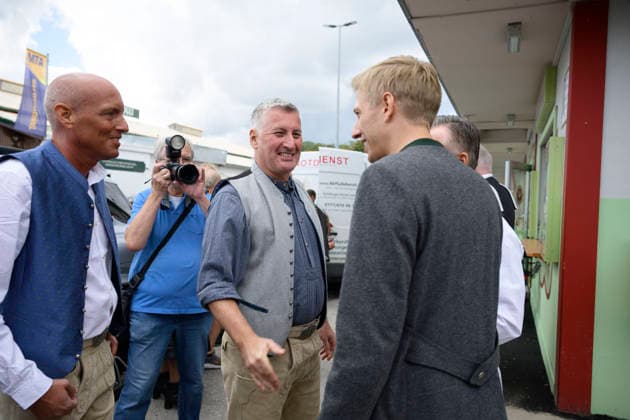 From left: Thomas Luff Poschner, Christian Luff Poschner, and Dominik Krause, Mayor of Munich. Official press tour at the Oktoberfest (Wiesn), Munich, September 17, 2026