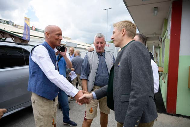 From left: Thomas Luff Poschner, Christian Luff Poschner, and Dominik Krause, Mayor of Munich. Official press tour at the Oktoberfest (Wiesn), Munich, September 17, 2026