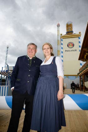 From left: Lorenz and Christine Stiftl, the married couple who run the Paulaner Festzelt. Official press tour at the Oktoberfest (Wiesn), Munich, September 17, 2026